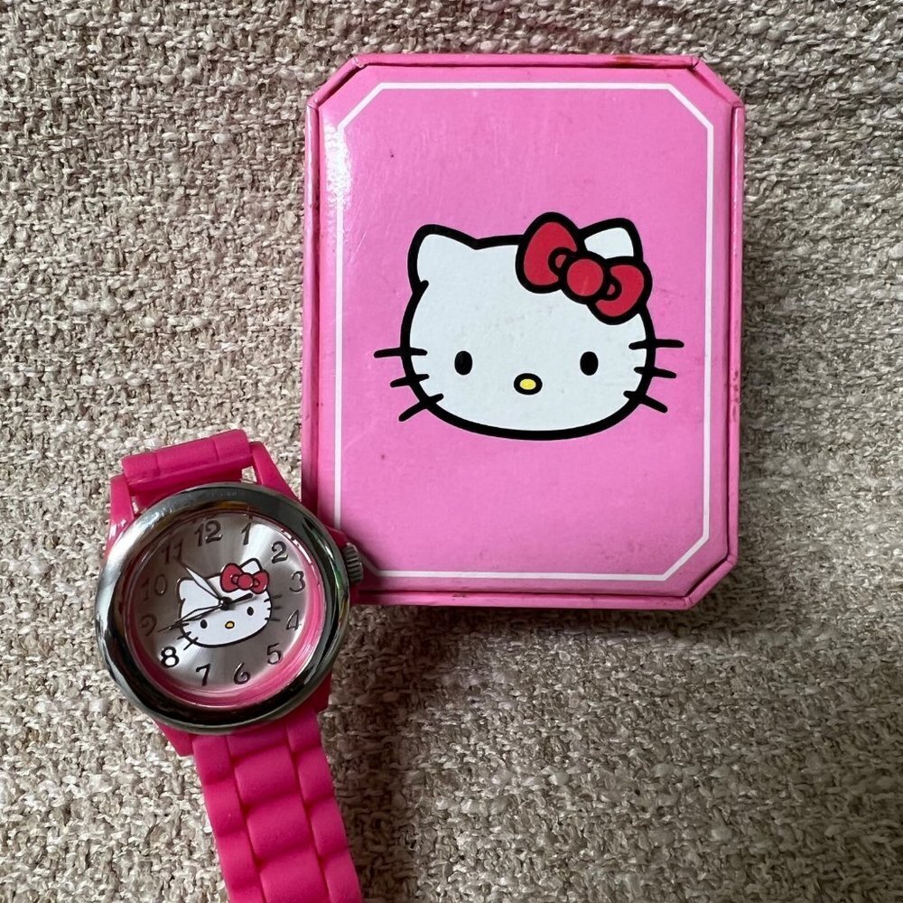 Hello Kitty Sanrio Watch Silver Bezel Pink Rubber Band